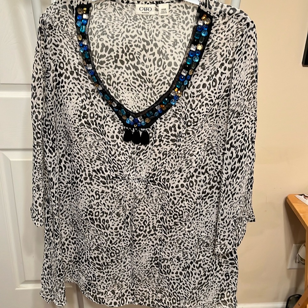 Cato Sheer Beaded V Neck Leopard Blouse With 3/4 Flare Sleeves Plus Size 14/16 W